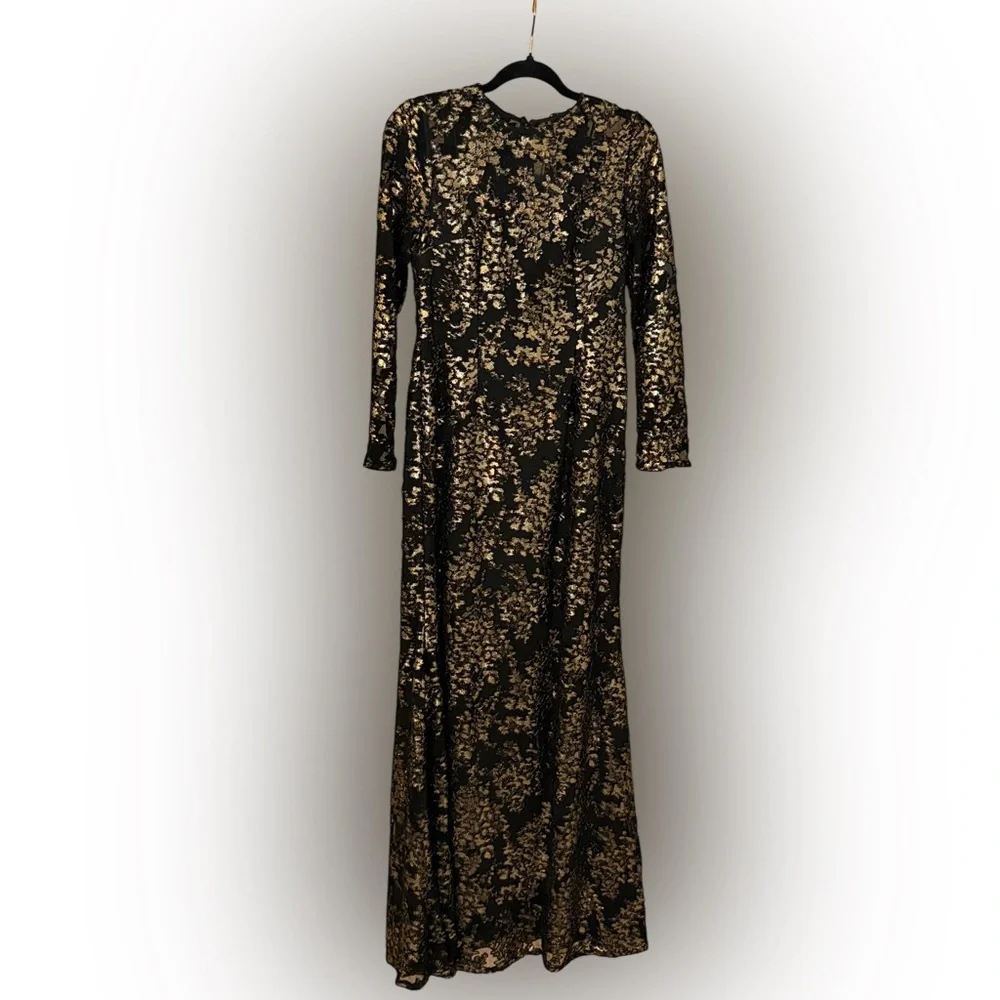 Adrianna Papell Women's Foiled Velvet Burnout Gown black gold elegant formal 4 - Picture 4 of 6
